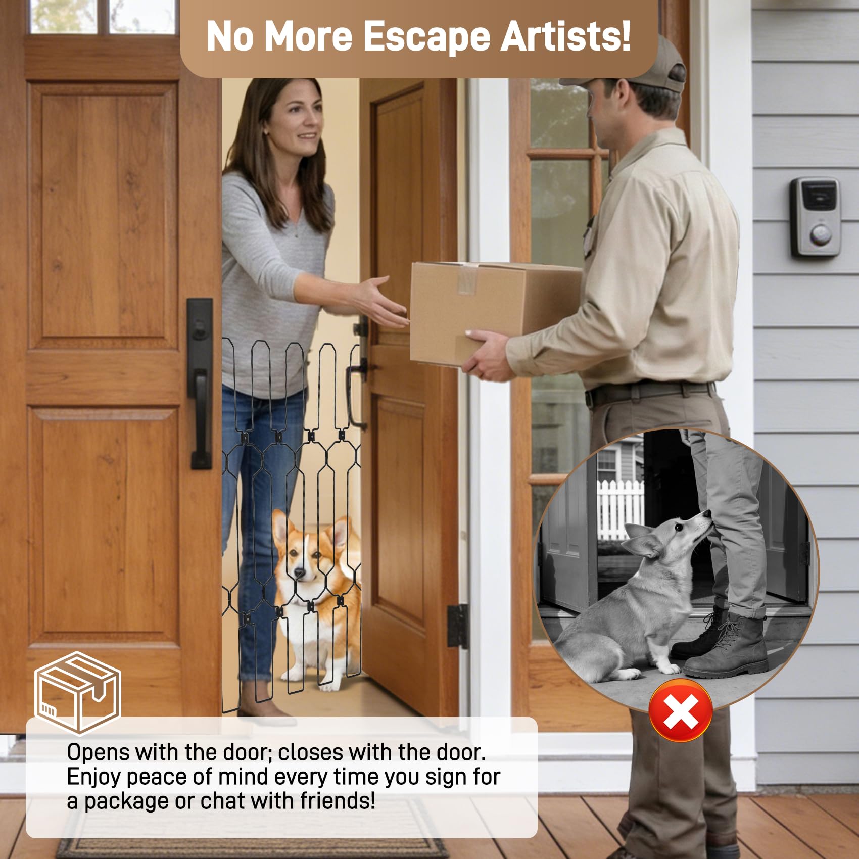 Retractable Dog Gate for Front Door 35.4" Wide 30.7" Tall Automatic Retractable Dog Barrier to Keep Pets Secure When Door Opens/Closes, Hardware Mount Front Door Barrier for Small/Large Dogs, Indoor