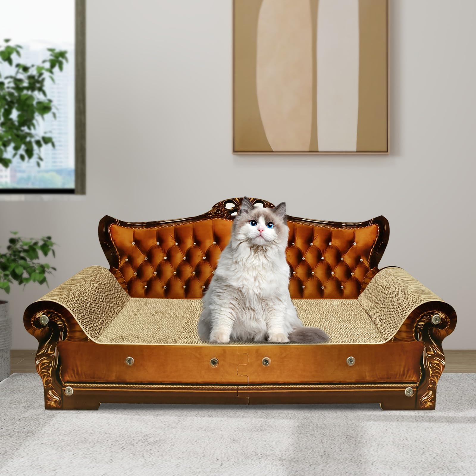 INRLKIT Luxury Cardboard Cat Scratcher Sofa Bed, Couch Shaped Scratching Board, Scratch Lounge with Catnip, Cat Scratcher for Indoor Cats Large Brown