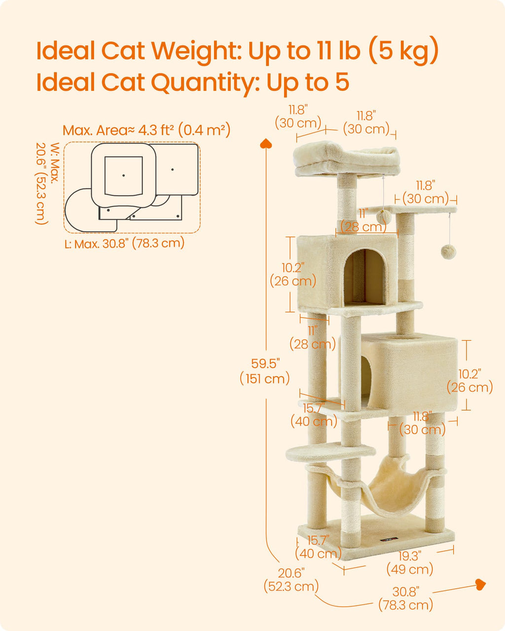Feandrea Cat Tree, 59.5-Inch Tall Cat Tower, Plush Multi-Level Condo with 5 Scratching Posts, 2 Perches, 2 Caves, Hammock, 2 Pompoms, Beige UPCT192M01