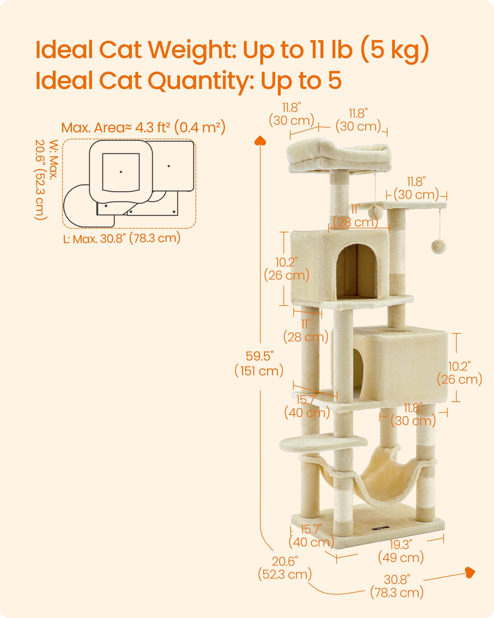 Feandrea Cat Tree, 59.5-Inch Tall Cat Tower, Plush Multi-Level Condo with 5 Scratching Posts, 2 Perches, 2 Caves, Hammock, 2 Pompoms, Beige UPCT192M01