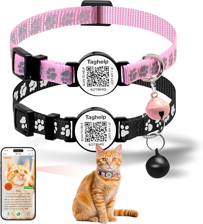 QR Code Breakaway Cat Collar 2-Pack, Safety Collar with Online Pet ID Profile, Flower Bell Collars for Lost Cat Prevention,Ideal for Girl Cats Boy Cats(Yellow&Green)