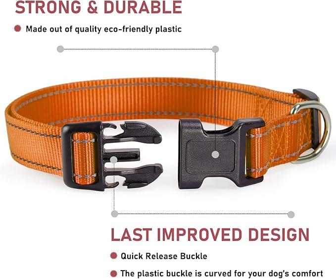 Reflective Dog Collar with Buckle Adjustable Safety Nylon Collars for Small Medium Large Dogs, Orange XL