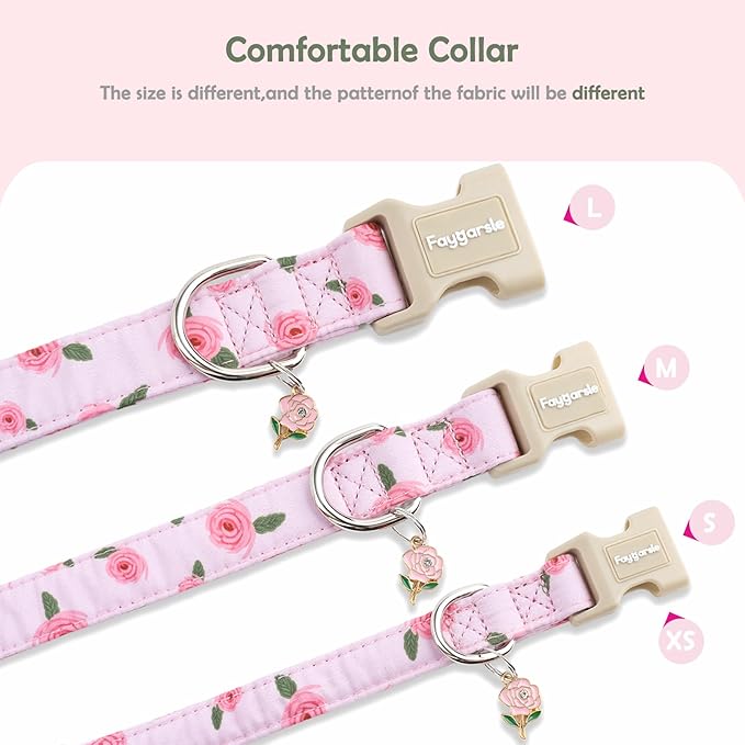 Faygarsle Pink Floral Dog Collar with Roses Pattern, Spring Summer Design for Small Medium Large Dogs, S