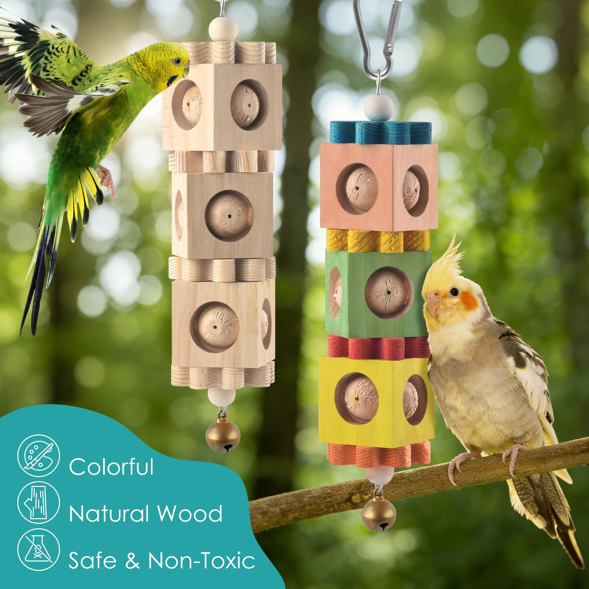 DBNESS 2 PCS Bird Chew Toys, Hanging Wood Parrot Toys with Bell, Beak Grinding & Foraging Bird Cage Toys for Small to Medium Parakeet Conure Cockatiel Caique Budgie