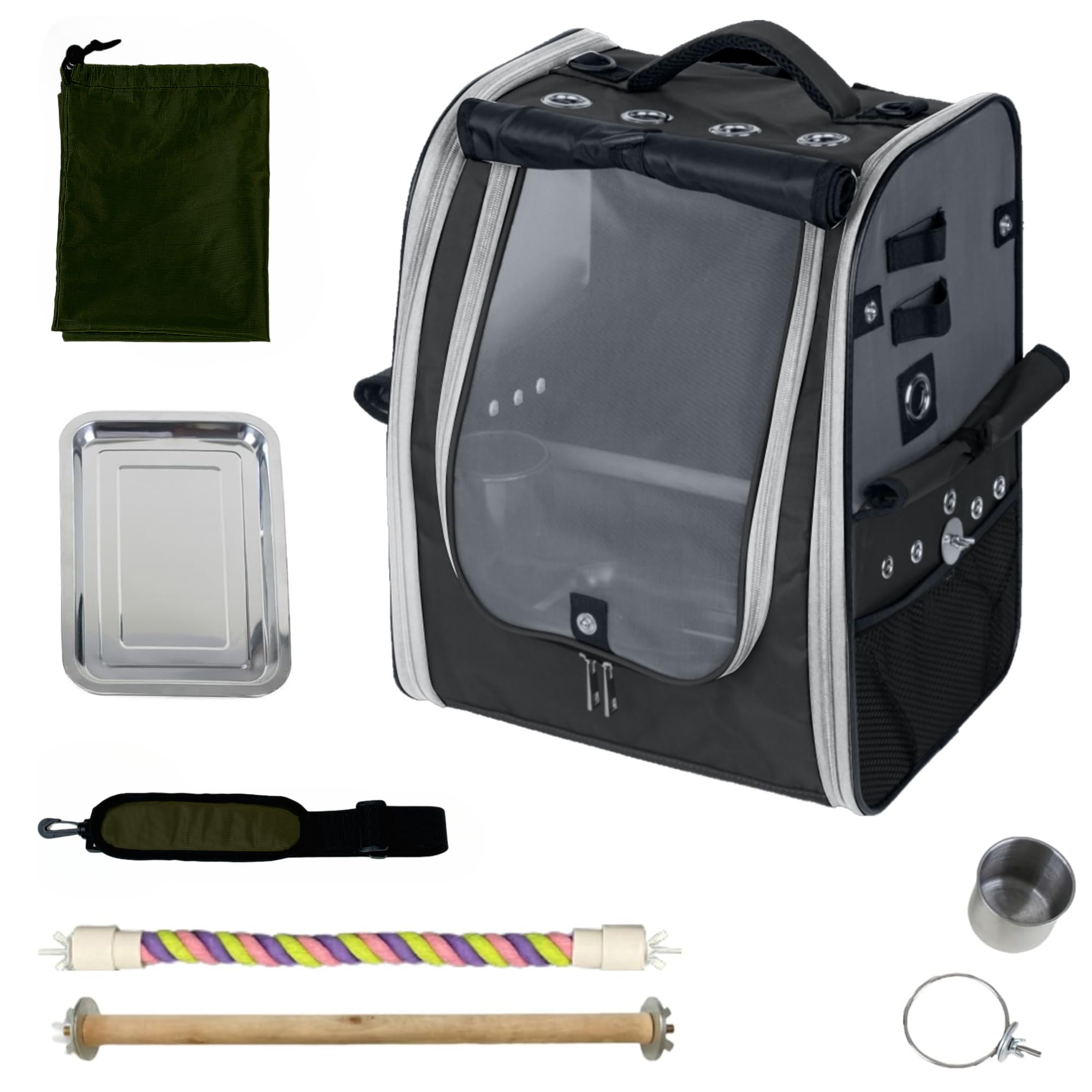 Birds Day Bird Carrier Backpack - Breathable Mesh Portable Parrot Travel Cage with 2PCS Perch, Food Bowl, and Stainless Steel Tray (Charcoal Gray)