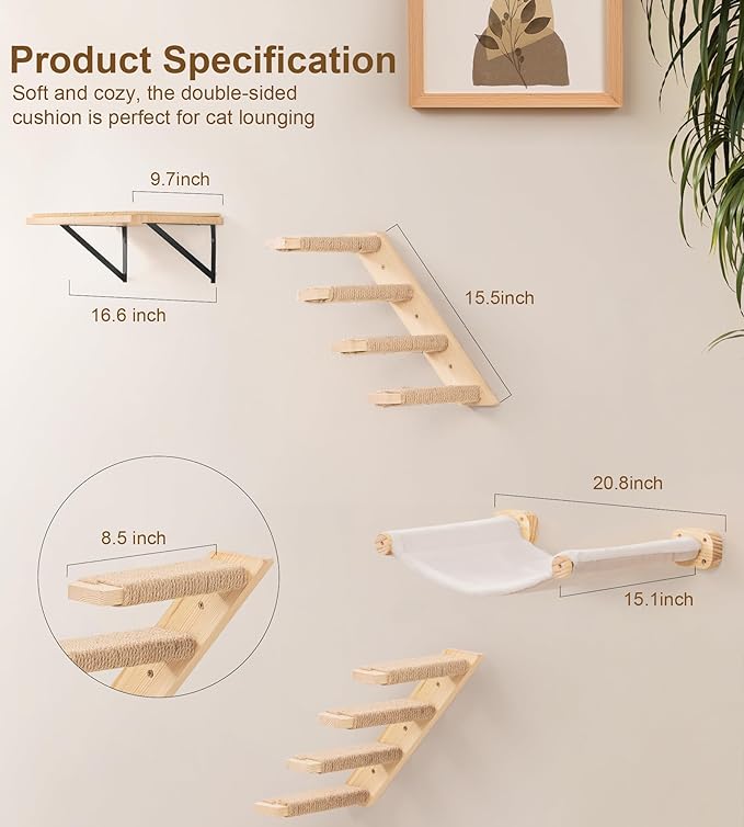 Cat Wall Hammock Set, Cat Wall Shelves with Bed & 2 Four-Step Ladders