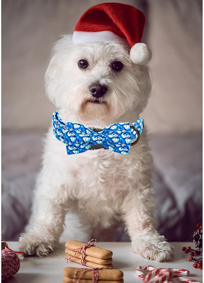 Bobo Rainbow Christmas Dog Collar, Cotton Winter Dog Collars with Bow Cute Blue Snowman Pet Collar Removable Blue White Winter Pet Collars with Metal Buckle for X-Small Girl and Boy Dogs