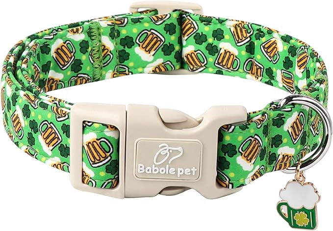 Babole Pet St Patricks Day Dog Collar for Medium Dogs - Green Beer Shamrock Dog Collars for Boys&Girls Dogs, Adjustable Irish Clover Puppy Collar with Quick Release Buckle M