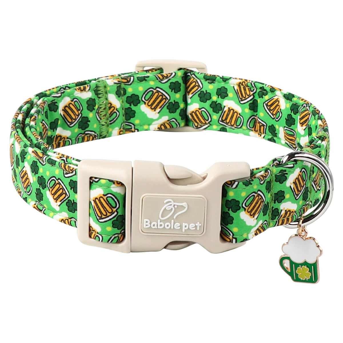 Babole Pet St Patricks Day Dog Collar for Medium Dogs - Lucky Flower Shamrock Green Dog Collars, Cute Irish Clover Puppy Collar with Quick Release Buckle for Girls&Boys Dogs M