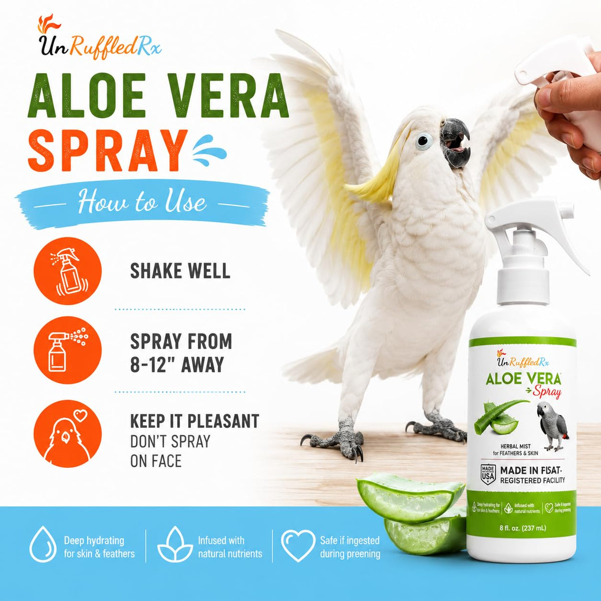 UnRuffledRx Aloe Vera Bird Spray for Parrots | Gentle Daily Support for Itchy Skin, Scratching, Dry Feathers & Feather Comfort | Fragrance Free & Safe if Preened, 8 oz