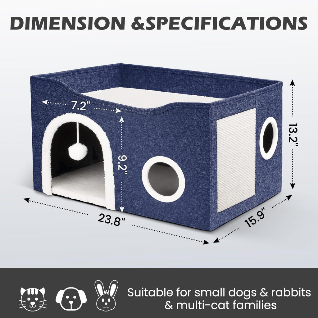 Heeyoo Cat House for Indoor Cats - Large Cat Bed Cave with Fluffy Ball and Scratch Pad, Foldable Cats Houses & Condos, Cat Hideaway, Covered Kitty Bed for Multi Small Large Kitty, 23.8x15.9x13.2 Inch