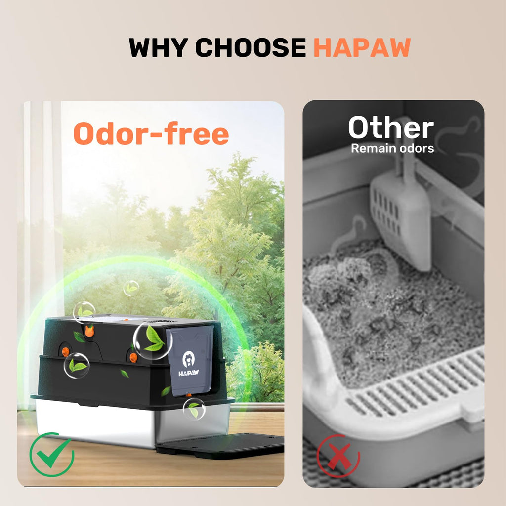 HAPAW Stainless Steel Litter Box with Lid, Anti-Leakage Enclosed Metal Litter Box, Flip-Top Extra Large Kitty Litter Pan with Scoop & Pedal, Odor Free, Front & Top Dual Entry, Black