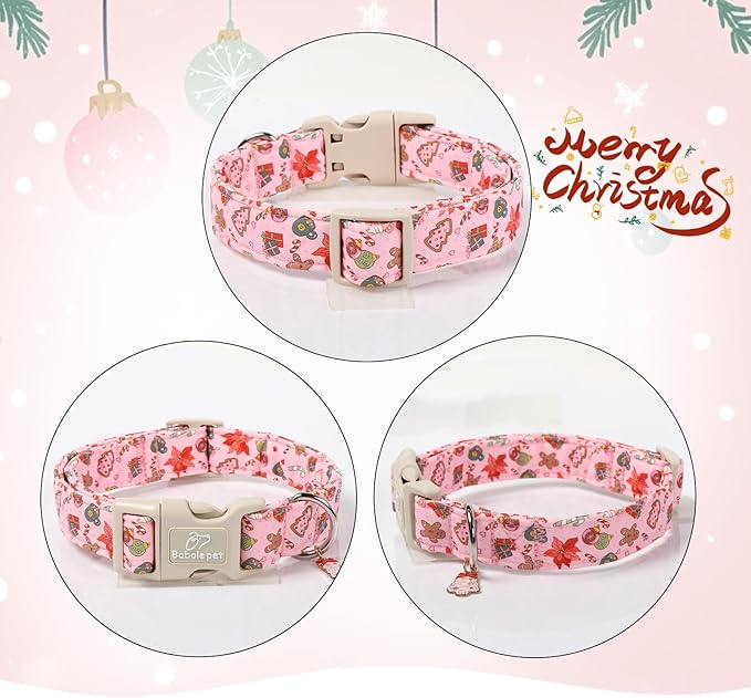 Babole Pet Christmas Dog Collar - Cute Pink Cozy Christmas Puppy Collar with Safety Buckle, Soft Adjustable Holiday Dog Collars for Small Medium Large Dogs M