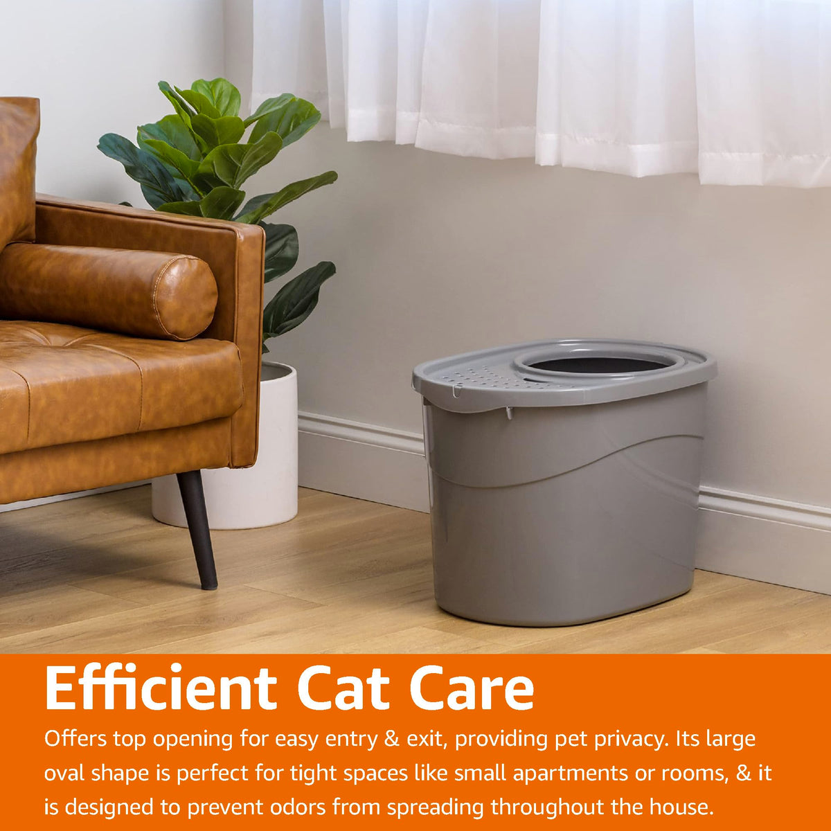 Amazon Basics Large Cat Litter Box with High Sides, Top Entry, Odor Control, Includes Scoop, 20.5 x 14.75 x 14.38 inches, Grey