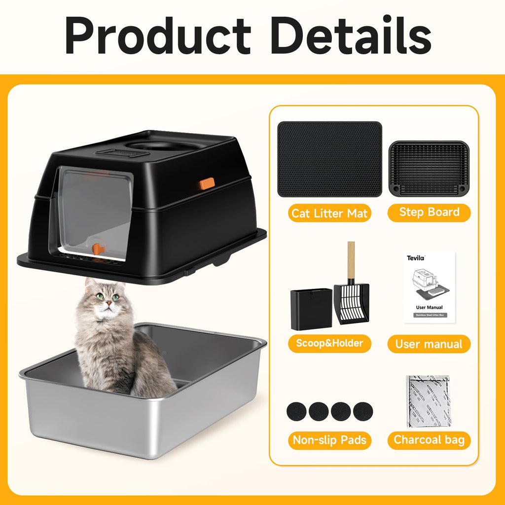 Tevila XL Enclosed Stainless Steel Litter Box with Lid,Black