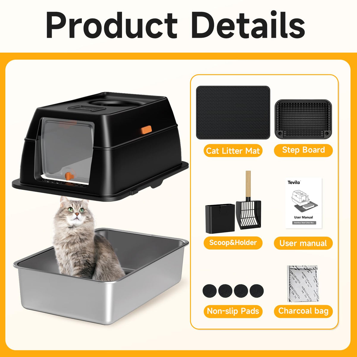 Tevila XL Enclosed Stainless Steel Litter Box with Lid,Black