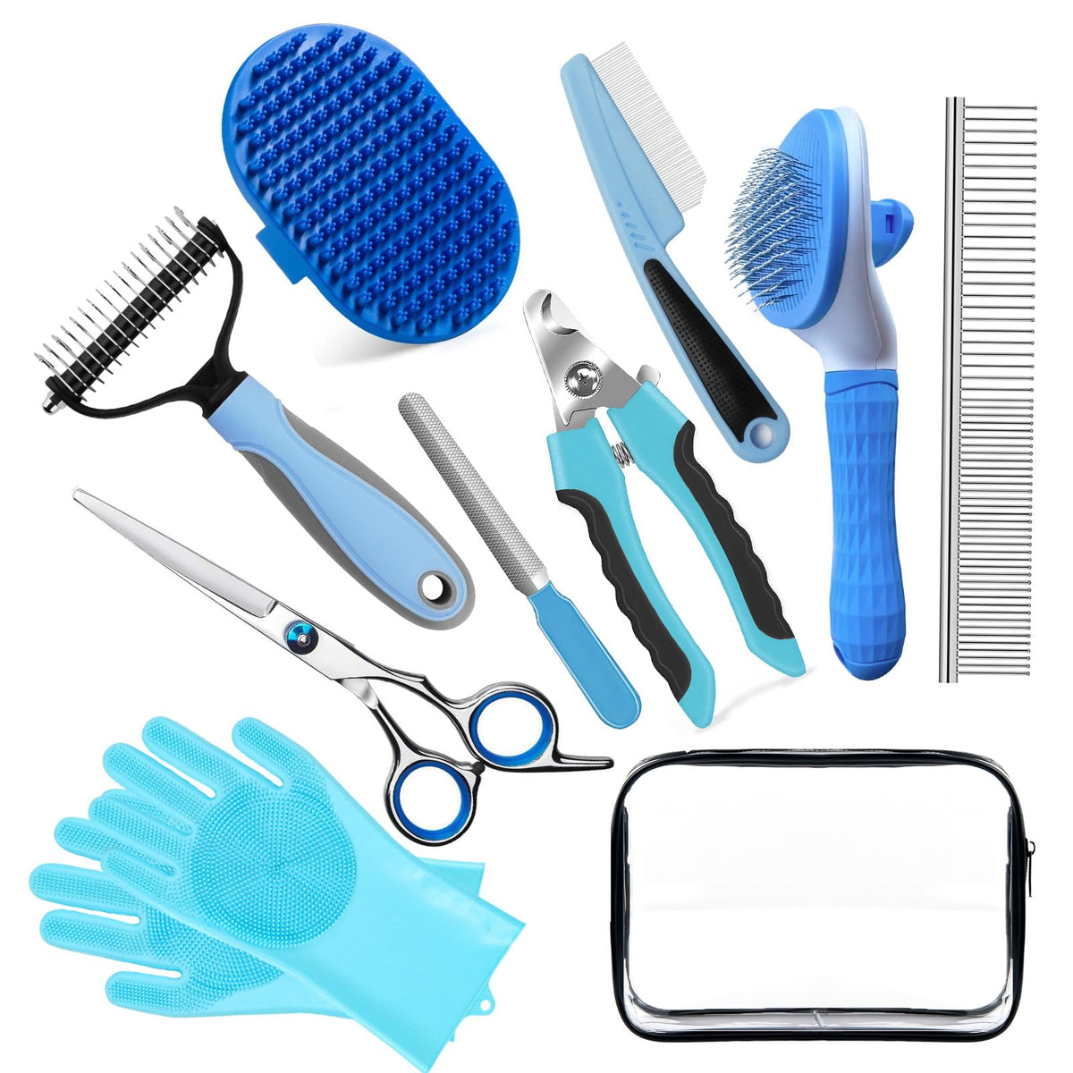 Dog Brush for Shedding 13pcs Bath Grooming Kit with Pet Nail Clipper and File - Dog Bath Brush Cat Grooming Supplies, Dematting Comb Bath Brush Shampoo Scrubber for Dogs and Cats