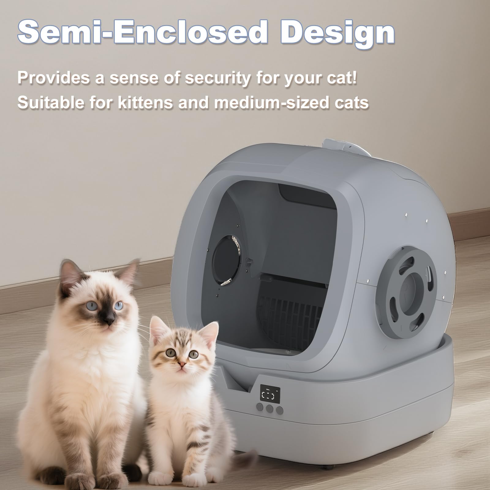 UPFAS Automatic Cat Litter Box Self Cleaning - APP Control - Weight Monitoring - Ultra-Quiet, Medium Cats and Kittens Litter Box, Safe Anti-Pinch【Assembly Required】- Grey