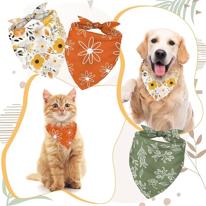 Whaline 4 Pcs Boho Pet Bandanas, Daisy Rainbow Floral Flower