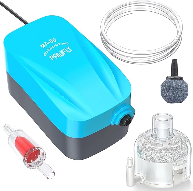 Pawfly Aquarium Compact Air Pump 15-40 GPH Quiet Oxygen Pump for 3-20 Gallon Fish Tanks Aerator Pump with Air Stone Disc Nano Bio Sponge Filter Airline Tubing and Check Valve Accessories