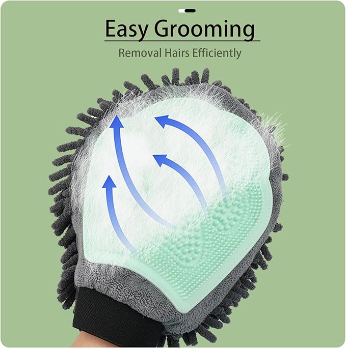 Dual Sided Pet Grooming Glove with Rubber Paw - 2-in-1 Grooming Glove | Fun Dogs & Cats Grooming Tool for Brushing, Massaging, and Scrubbing | Chenille Fabric Side Acts as Pet Bathing(Blue)