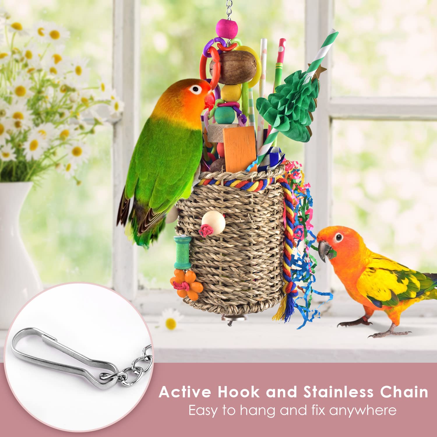 KATUMO Bird Toys, Parrot Grass Basket and Shredding Foraging for Parakeets, Cockatiels, Conures, Small and Medium Bird Cage Accessories
