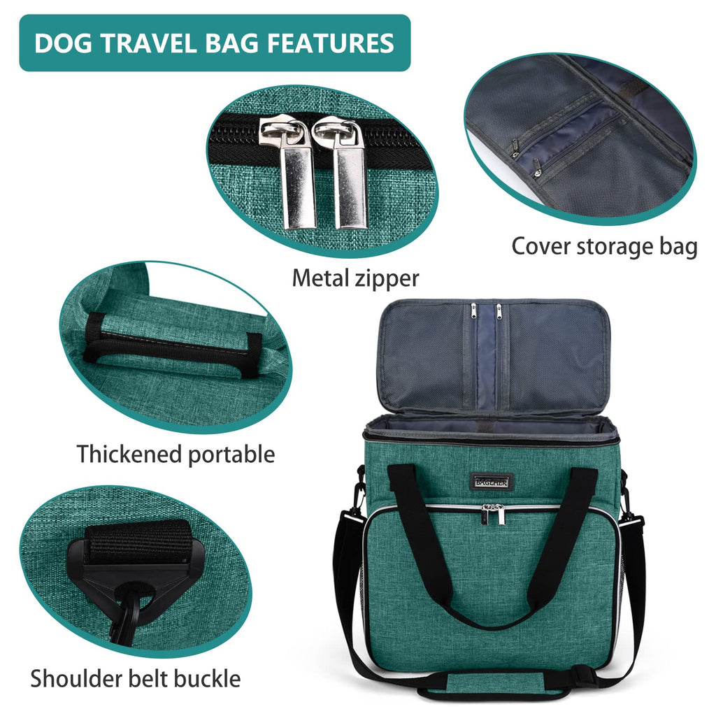 BAGLHER Pet Travel Set Airline-Approved Carrier for Small/Medium Cats & Dogs + Travel Bag with Food Containers & Silicone Bowls, Grey & Green