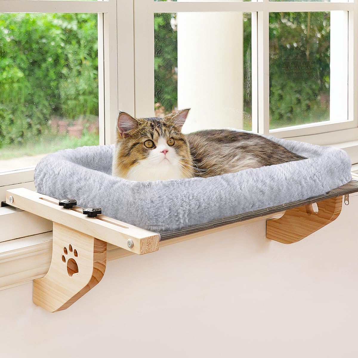 AMOSIJOY Wooden Cat Windowsill Perch with Zipper Cushion Bed, 21.7in