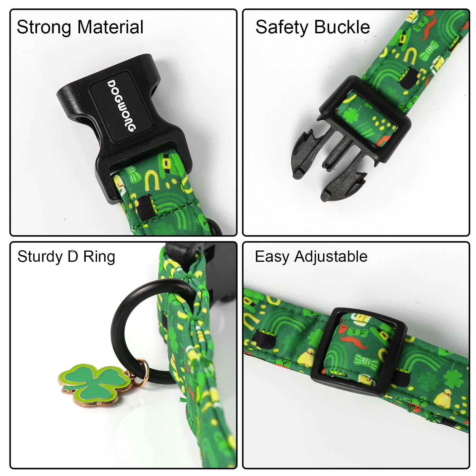 DOGWONG St Patrick's Dog Collar- Green Clovers Dog Collar, Adjustable Cotton Shamrock Pet Collar Cute Lucky Charm Puppy Collars for Small Medium Large Dogs
