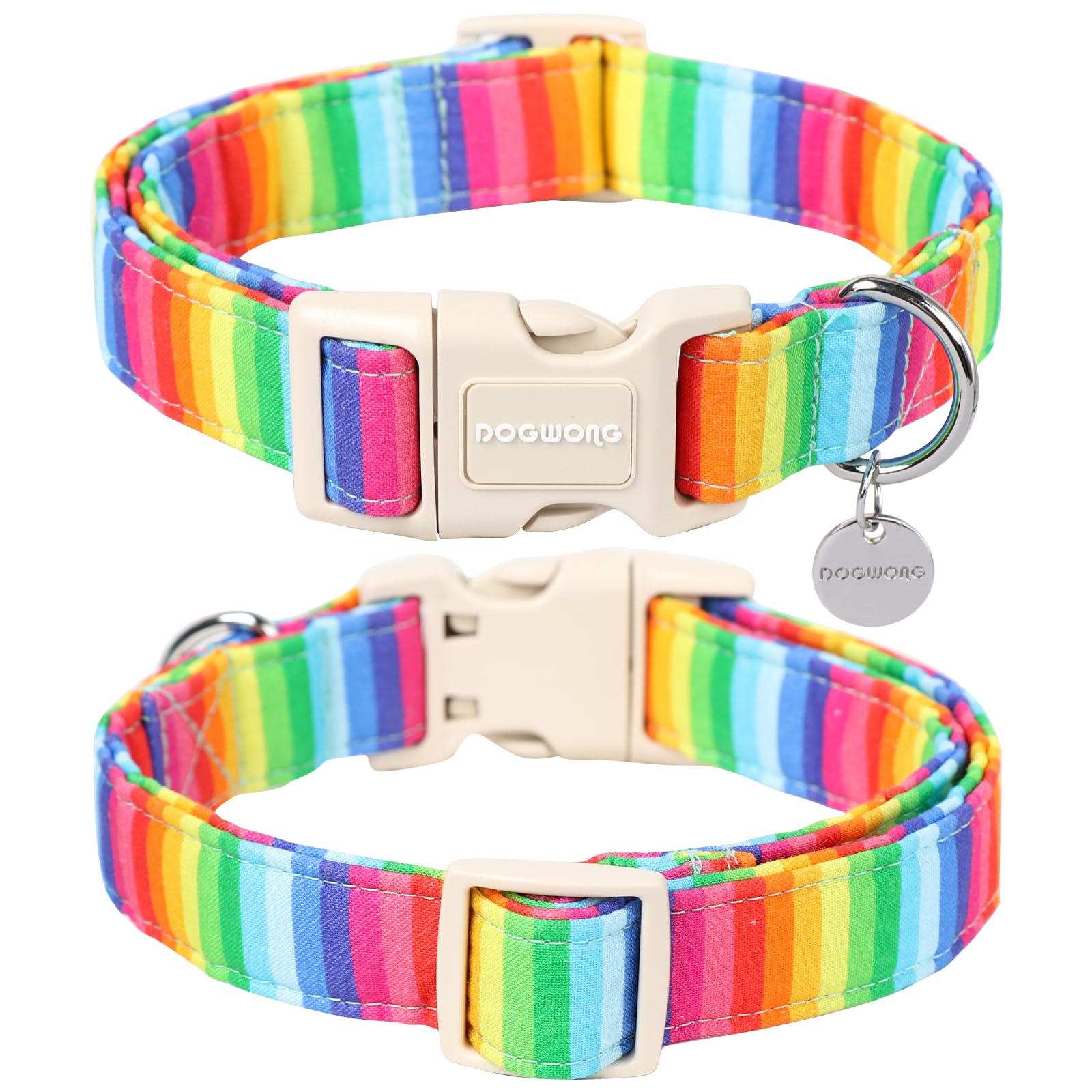 DOGWONG Cotton Dog Collar, Rainbow Dog Collar Durable Soft Natural Fabric Pet Dog Collar Cute LGBTQ Puppy Necklace for Small Medium Large Dogs