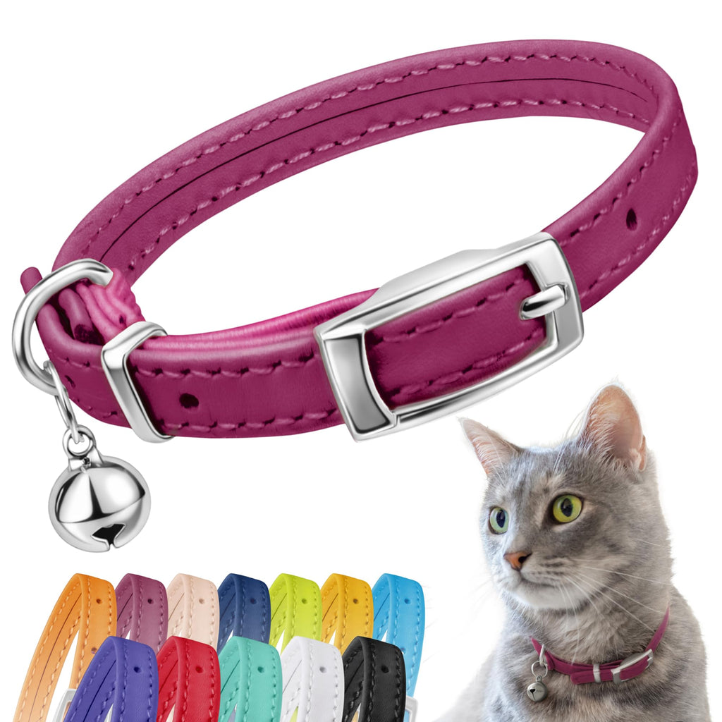 Soft Leather Cat Collar with Safety Elastic Strap - Pink
