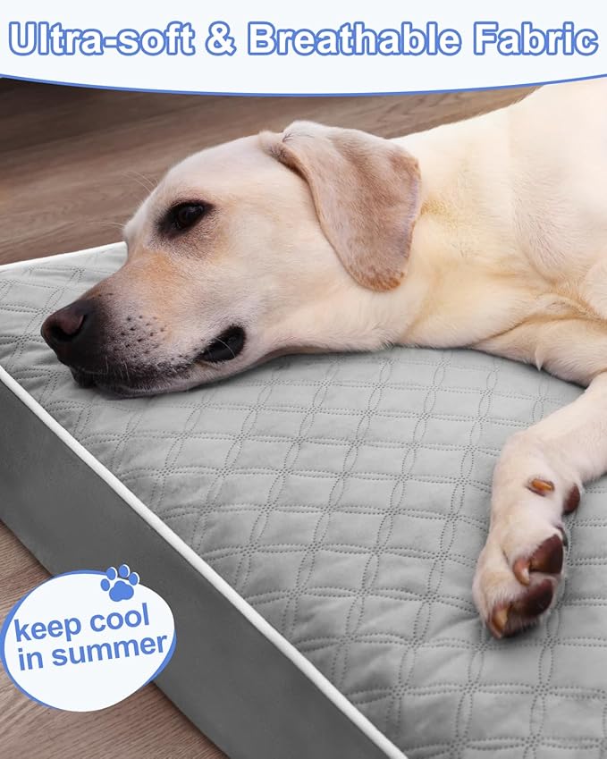 KSIIA Orthopedic Dog Bed Extra Large Dog Bed with Removable Machine Washable Cover Waterproof Crate Pad with Egg Crate Foam and Non-Slip Bottom, 53x36 Inch, Light Gray