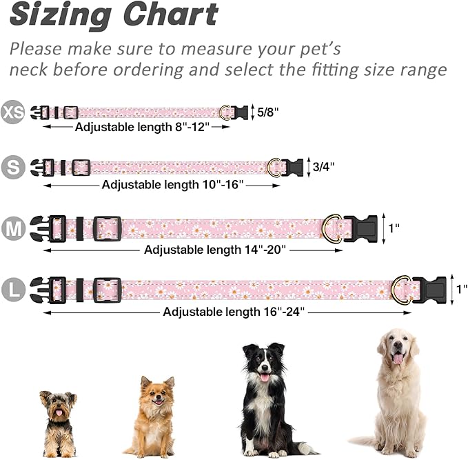 TMOODEL Reflective Dog Collar for Medium Dogs, Cute Daisy Theme Adjustable Heavy-Duty Nylon Puppy Collar for Boy and Girl Female, Soft Pet Accessories with Quick Release Buckle, Neck 14-20", Pink
