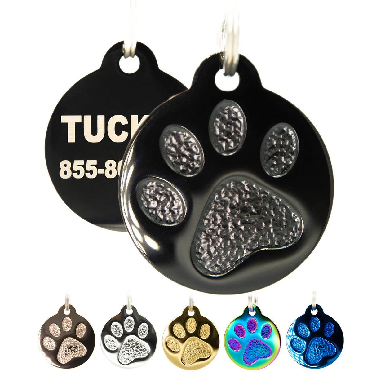 Engraved Pet Tag for Dogs and Cats - Personalized Front & Back up to 4 Lines of Text Custom Engraved ID, Round Paw Print Solid Plating Stainless Steel Silver Small