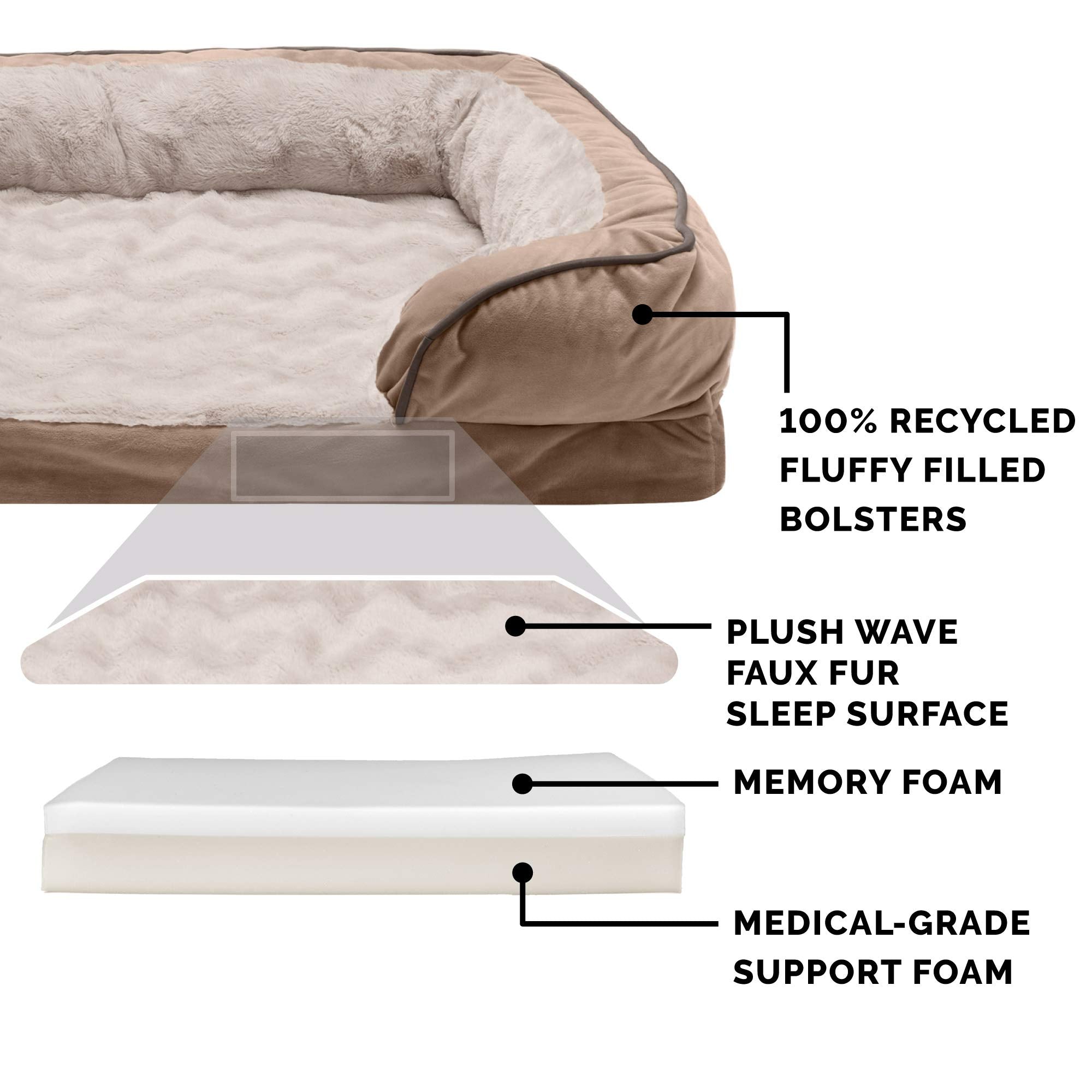 Furhaven Memory Foam Dog Bed for Medium/Small Dogs w/ Removable Bolsters & Washable Cover, For Dogs Up to 35 lbs - Plush & Velvet Waves Perfect Comfort Sofa - Brownstone, Medium