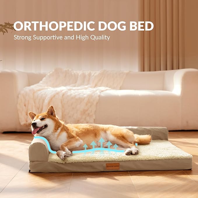 Patas Lague Orthopedic XL Dog Bed Large Sized Dog 42''X28'', Waterproof L Bolster Big Large Pet Sofa Beds with Removable Washable Cover, Soft Comfortable Pet Couch Crate Mat with Nonskid Bottom, Cream