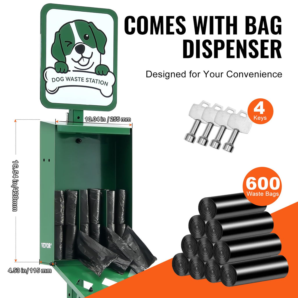 VEVOR Dog Waste Station, 11.5 Gallon Pet Waste Station with Lockable Bag Dispenser, 50 Can Liners & 600 Waste Bags, Outdoor Pet Poop Station for Apartments, Parks, Backyard, Dog Waste Disposal System