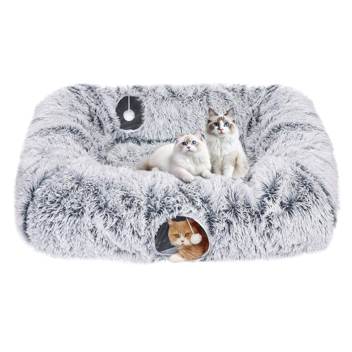 Extra Large Cat Tunnel Bed, 4 Ways Tunnels for Indoor Cats, Multi-cat Family Pet Bed & Cave, Plush Cat Donut with Washable Middle Mat, Exit Balls, Pet Play Toy for Kitten Puppy Rabbit, Blue