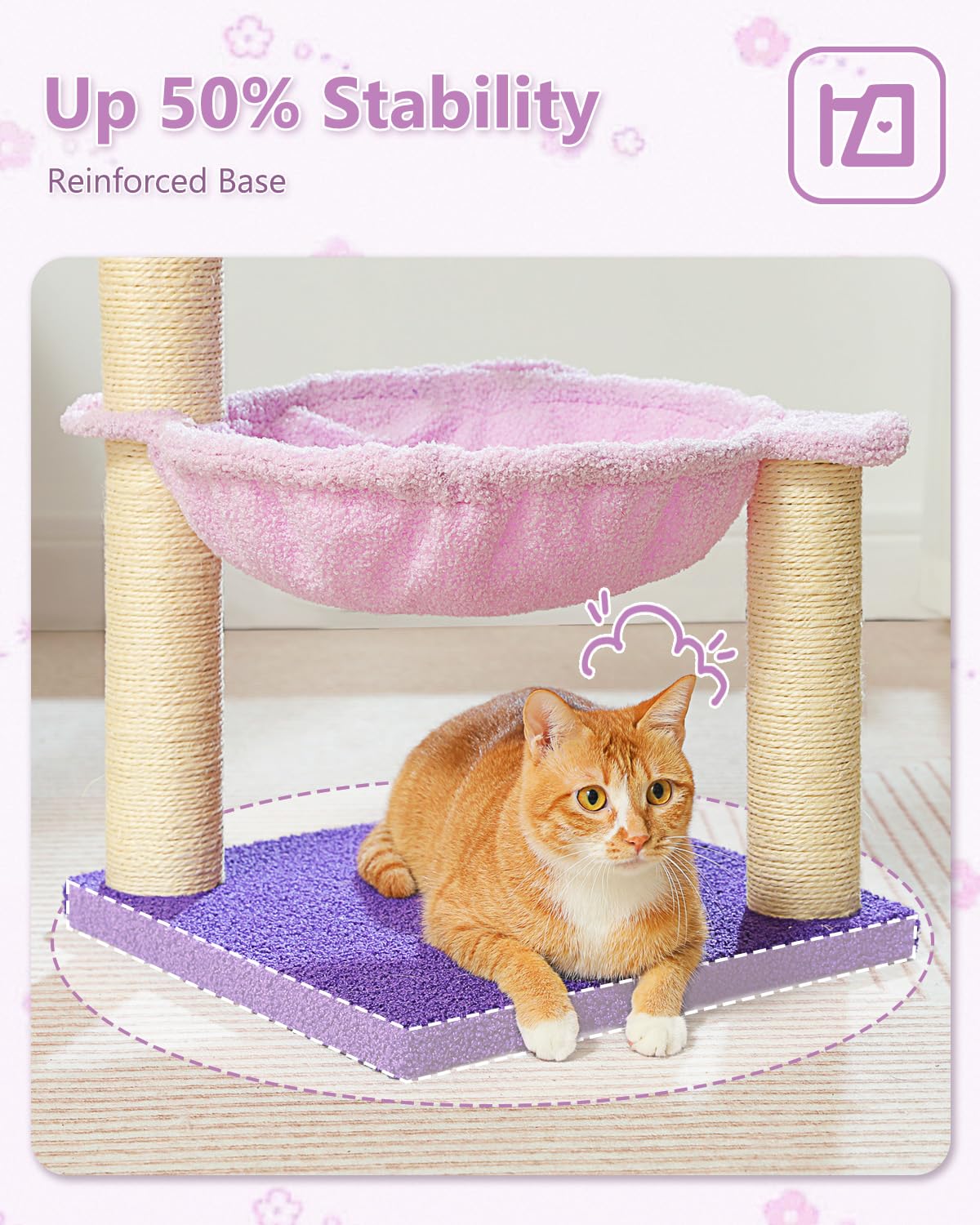 MUTTROS Flower Cat Scratching Post, 28" Cute Cat Tree Tower for Indoor Cats with Large Hammock Soft Perch Bed, Replaceable Toy Ball for Kittens, Purple