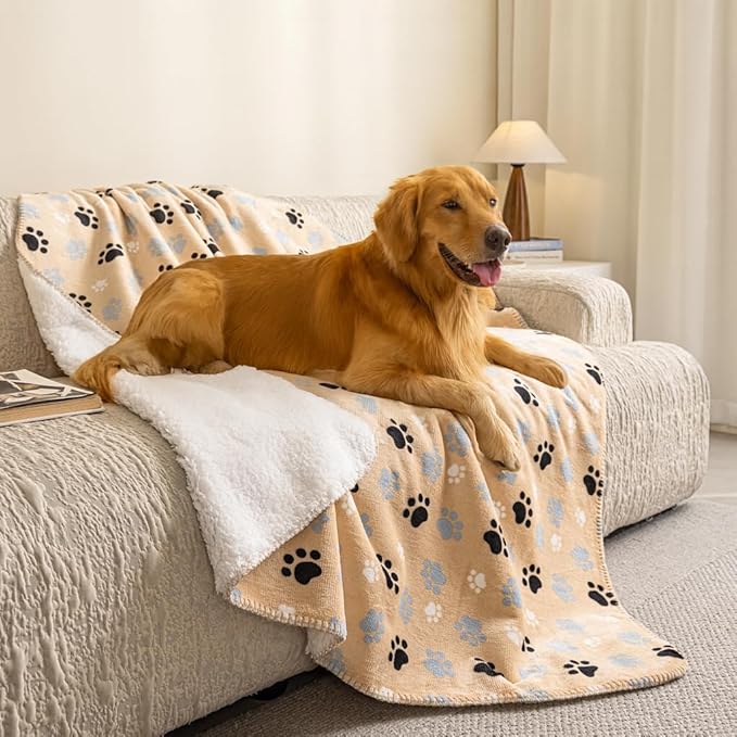 AIWEK Dog Blankets Waterproof Pet Blanket Paw Printing Super Soft Warm Fluffy Facecloth Sofa Car Bed Protector, Urine Proof Washable for Puppy Large Dogs & Cats 50"*60" Beige