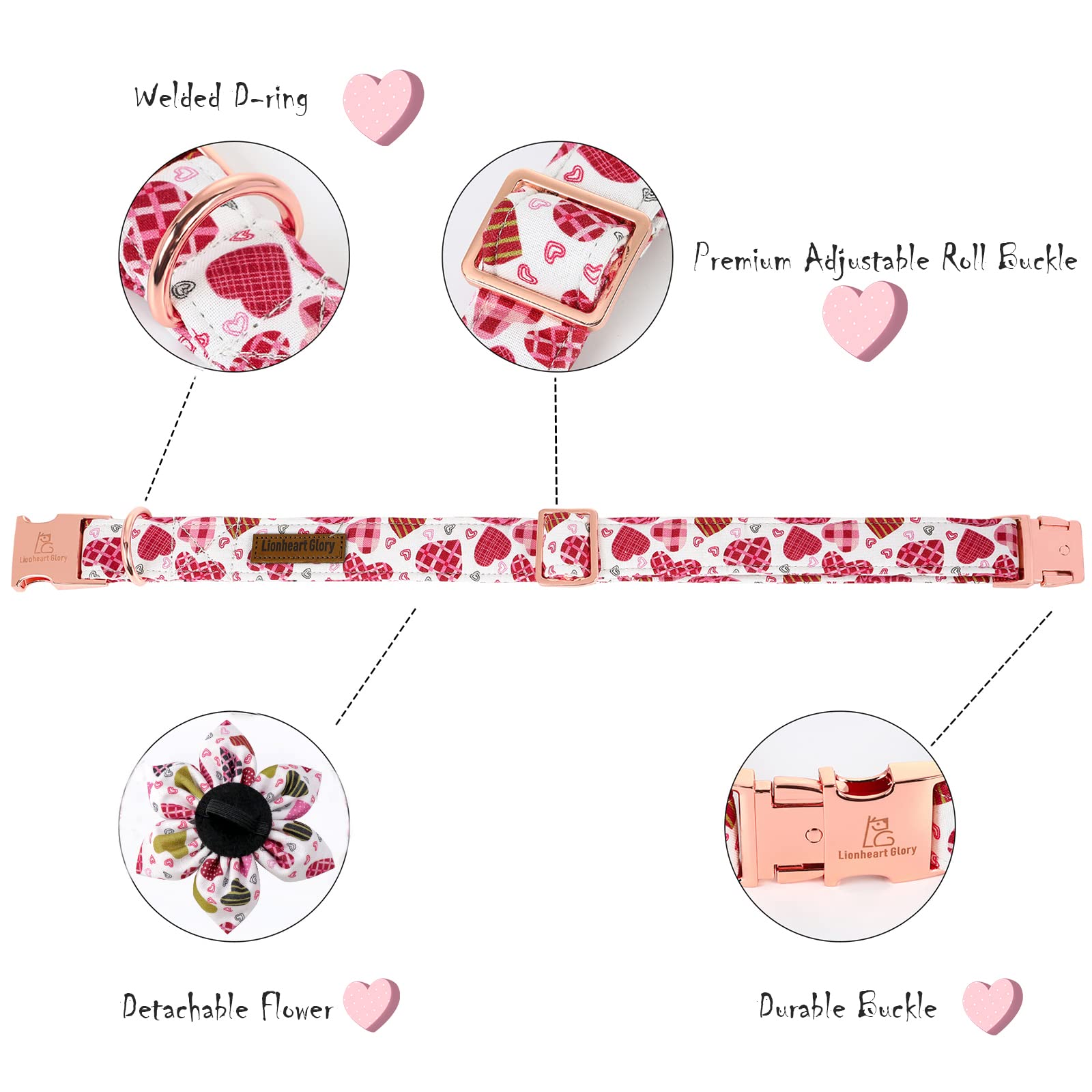 Lionheart Glory Heart Dog Collar, Valentine's Day Dogs Collar with Flower, Cute Floral Pattern Pet Collars Adjustable Dog Collars for Large Dogs