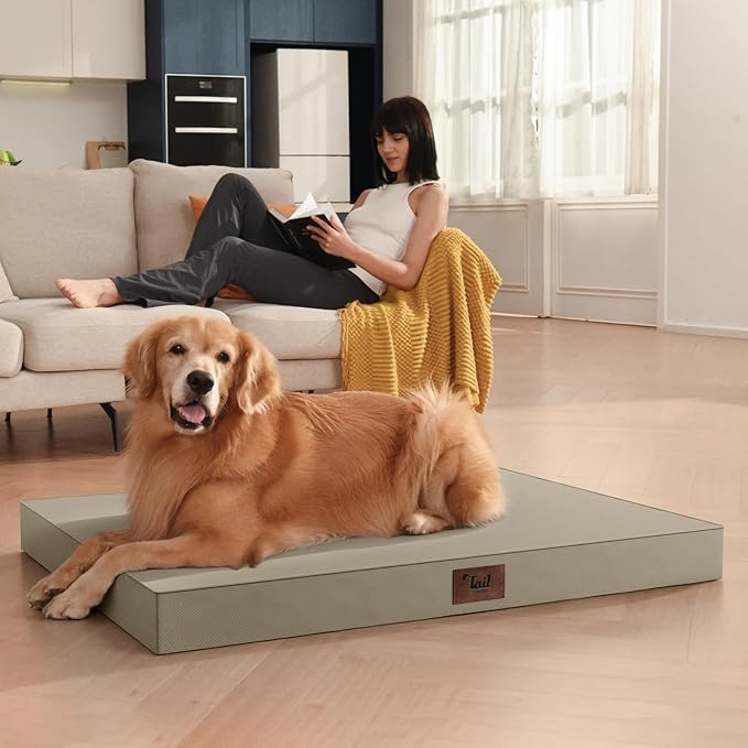 Outdoor Large Washable Dog Bed, Orthopedic Egg Crate Foam Dog Crate Mat for Large Dogs with Removable Oxford Cooling Cover, Khaki