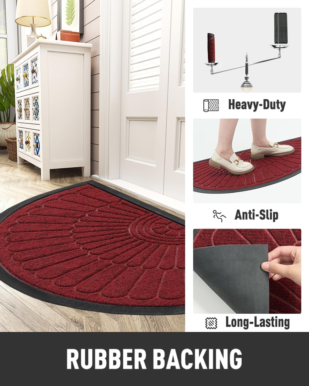 tchdio Door Mat Outdoor Indoor Entrance Doormat-Semicircular Durable Rubber Non Slip Front Door Mat for Outside Inside Entry Entryway Dirt Trapper WelcomeMat for Muddy Paws and Shoes-Red 24”x47”
