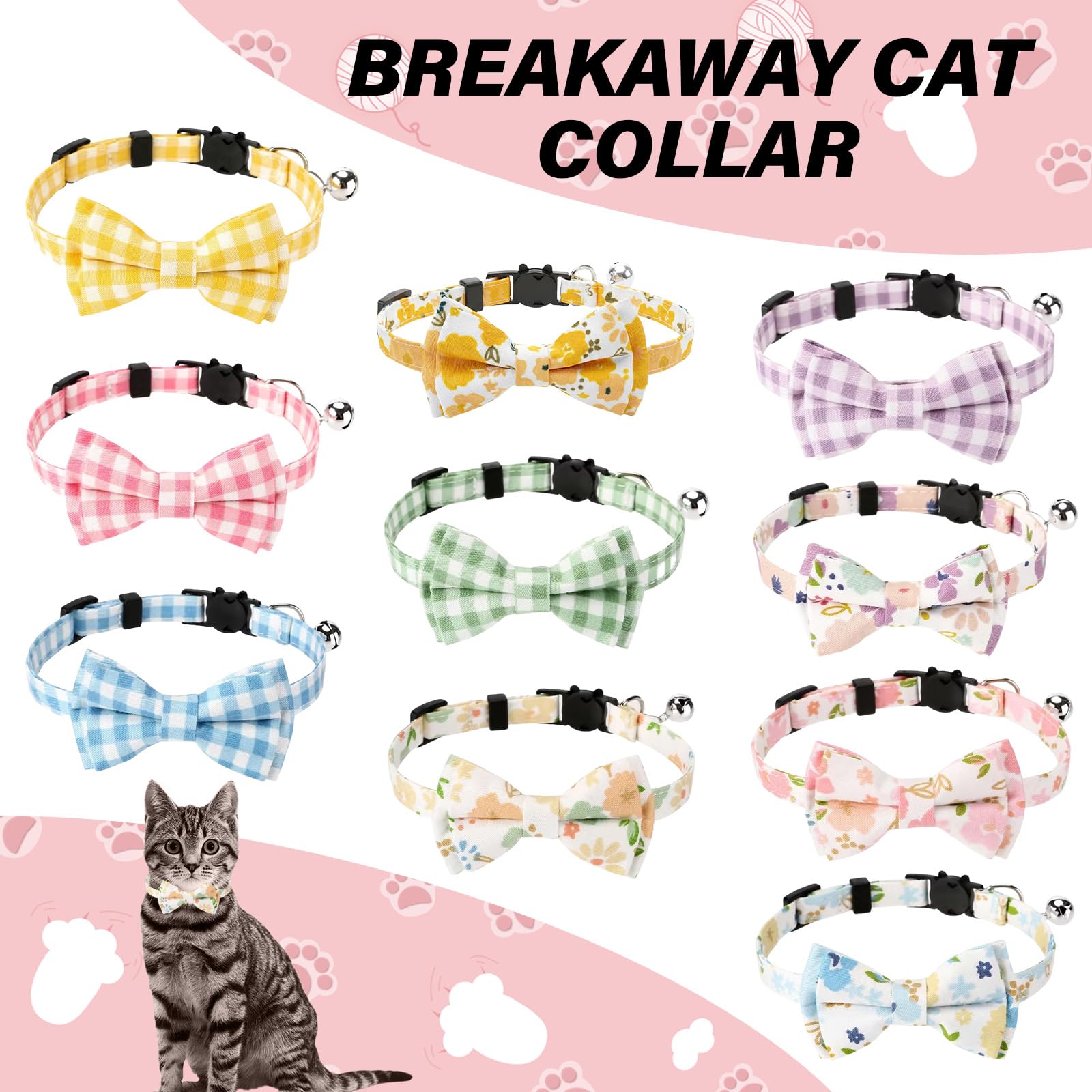 10 Pcs Spring Cat Collar Breakaway with Bow Tie and Bell (Flower)