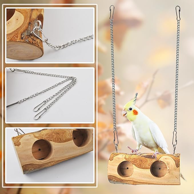 MUYG Natural Parakeet Swing Perch,Wood Bird Swing for Parakeets Hanging Birdcage Toy for Standing and Pecking,Sturdy Parrot Relieve Boredom Toys for Cockatiel Conure Canary Lovebird Finch