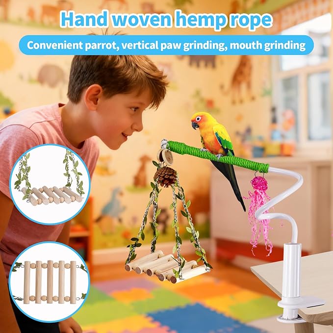 ZooVibe Bird Perch Stand with Swing, Desktop Bird Toy & Stand for Interacting, Interactive Playground for Sun Conure, Lovebirds, Conure, Budgie, Cockatiel - Non-Slip Adjustable Perch