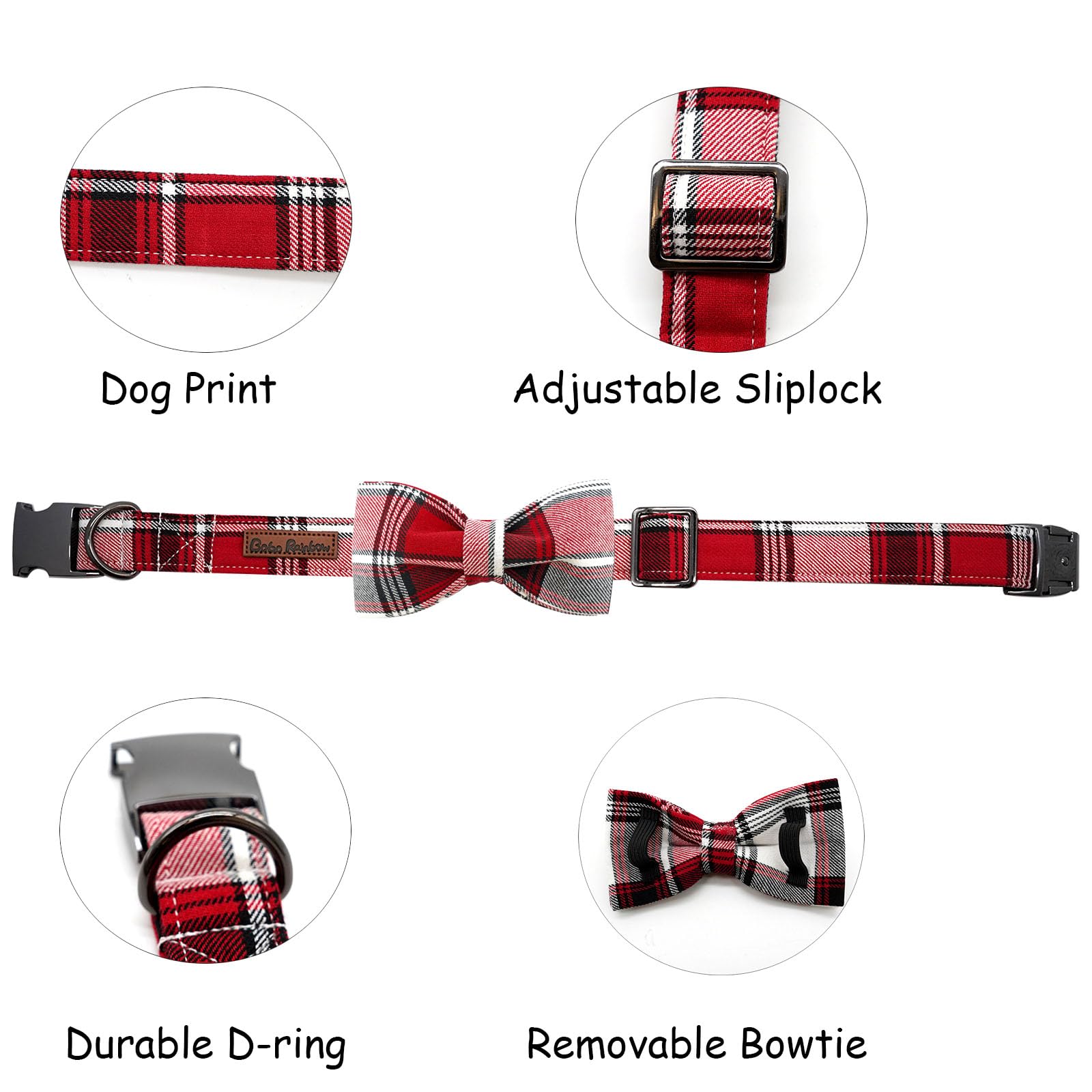 Bobo Rainbow Dog Collar, Christmas Dog Collar Plaid Pet Collar Bow Holiday Bows Girl Boy Puppy Collar Adjustable Pet Collar for Large Dogs