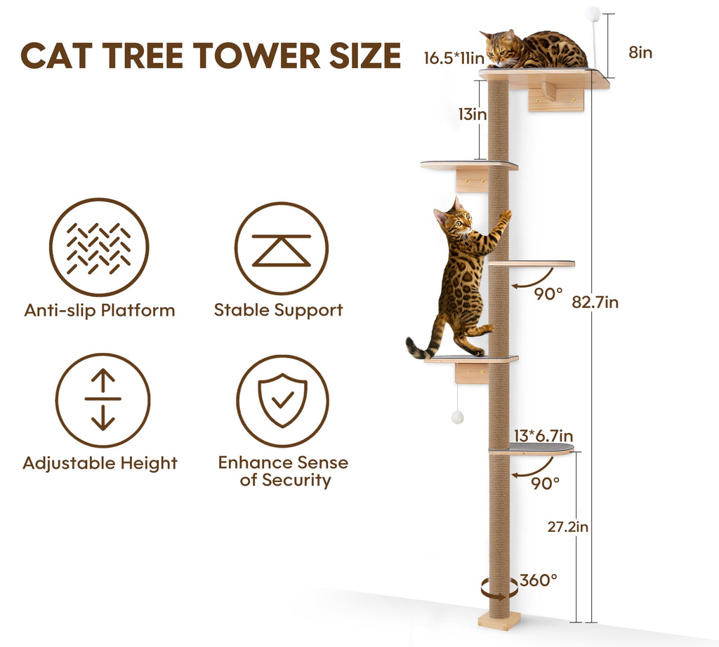 Floor to Ceiling Cat Tree for Kittens, 5-Tier Wall Mounted Cat Wall Shelves with Grey Felt Pads, Adjustable Wild Simulation Cat Tower, Natural Pine Wood Platforms for Climb, Scratch and Lookout