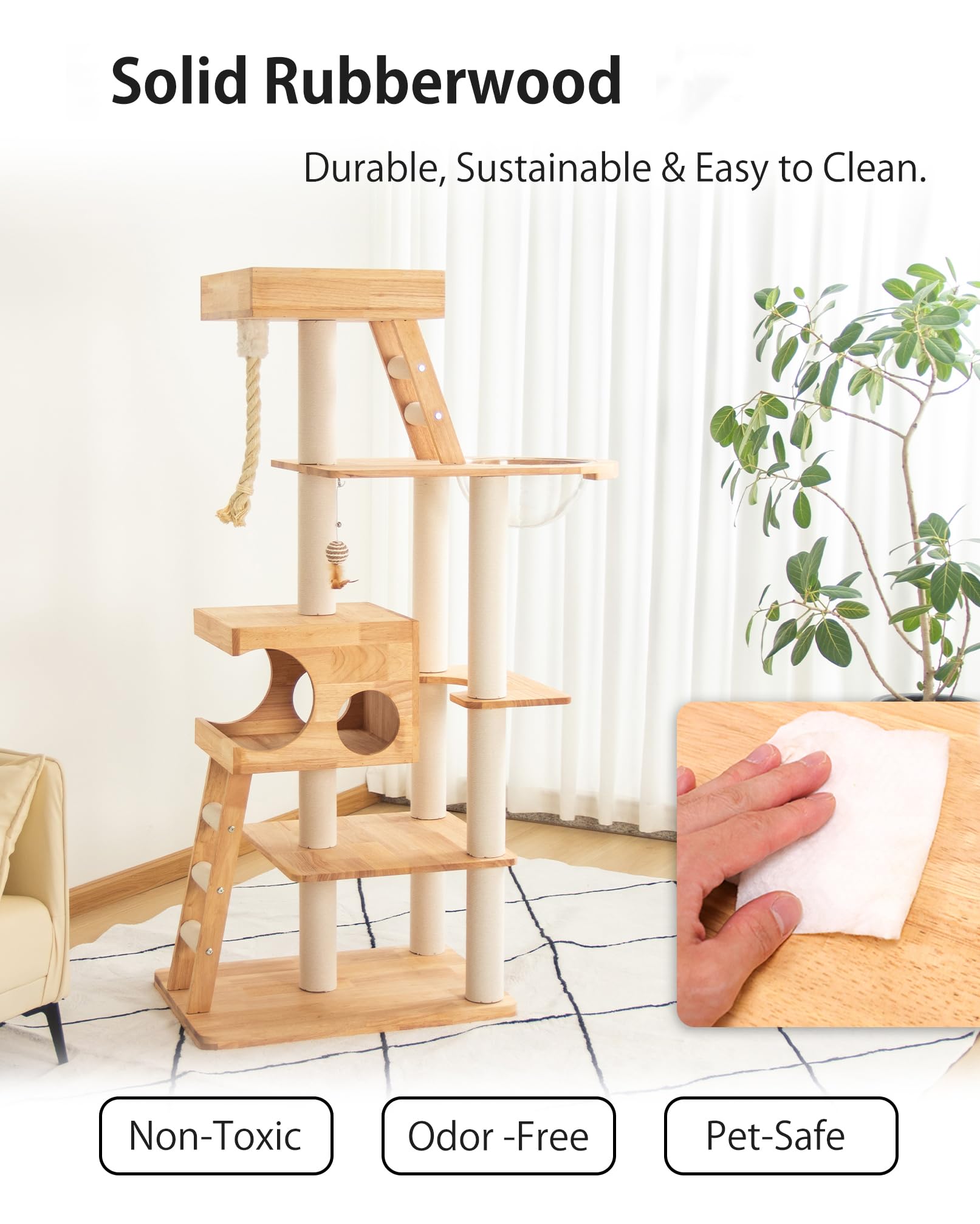PETTIFUL Wood Cat Tree for Large Cats, 62-Inch Tall Modern Cat Tower with Condo & Scratching Posts - Easy to Clean, Heavy-Duty, Furniture-Grade Design for Stable Climbing, Eco-Friendly (White 62'')