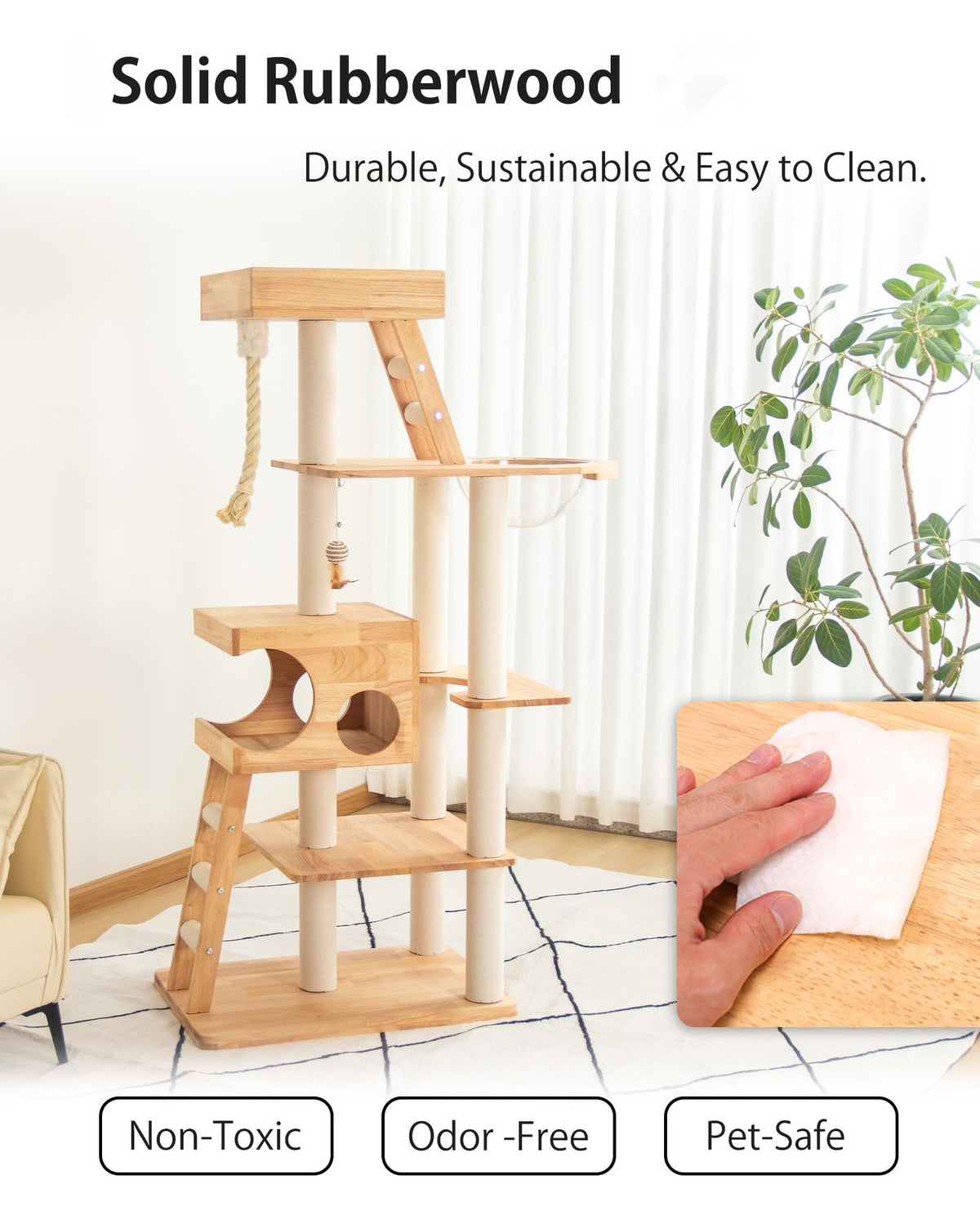 PETTIFUL 61.8" Wood Cat Tree Tower for Large Cats, Acrylic Bowl & Ladder